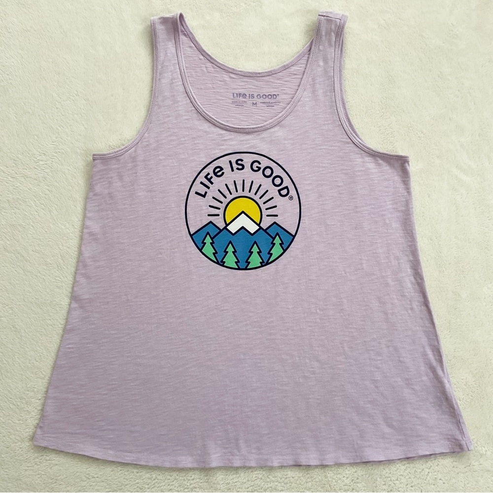 Life Is Good Lilac Mountain Sun Graphic Tank Top Textured Slub Size M